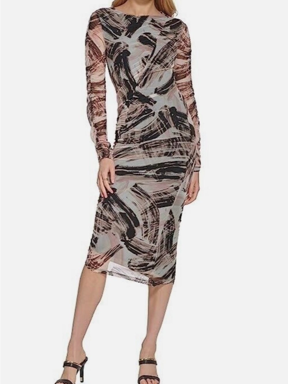 DKNY Long Sleeve Printed Mesh Ruched Midi Dress Size L